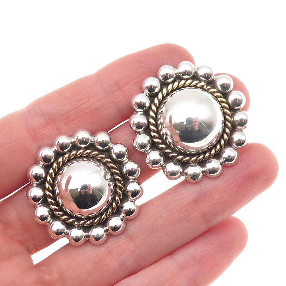 925 Sterling Silver 2-Tone Vintage Mexico Sun Beaded Oxidized Clip On Earrings
